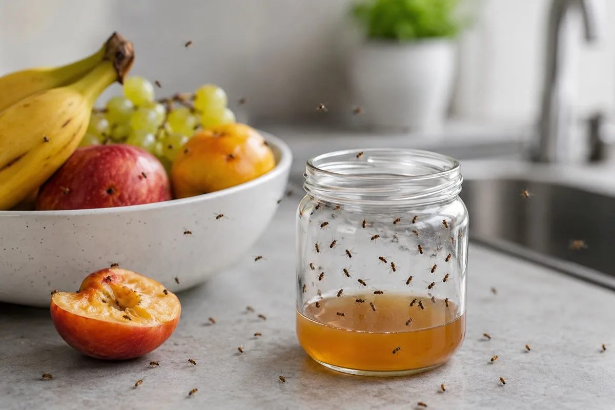 Fruit fly infestation near a bowl of fruit in a home kitchen