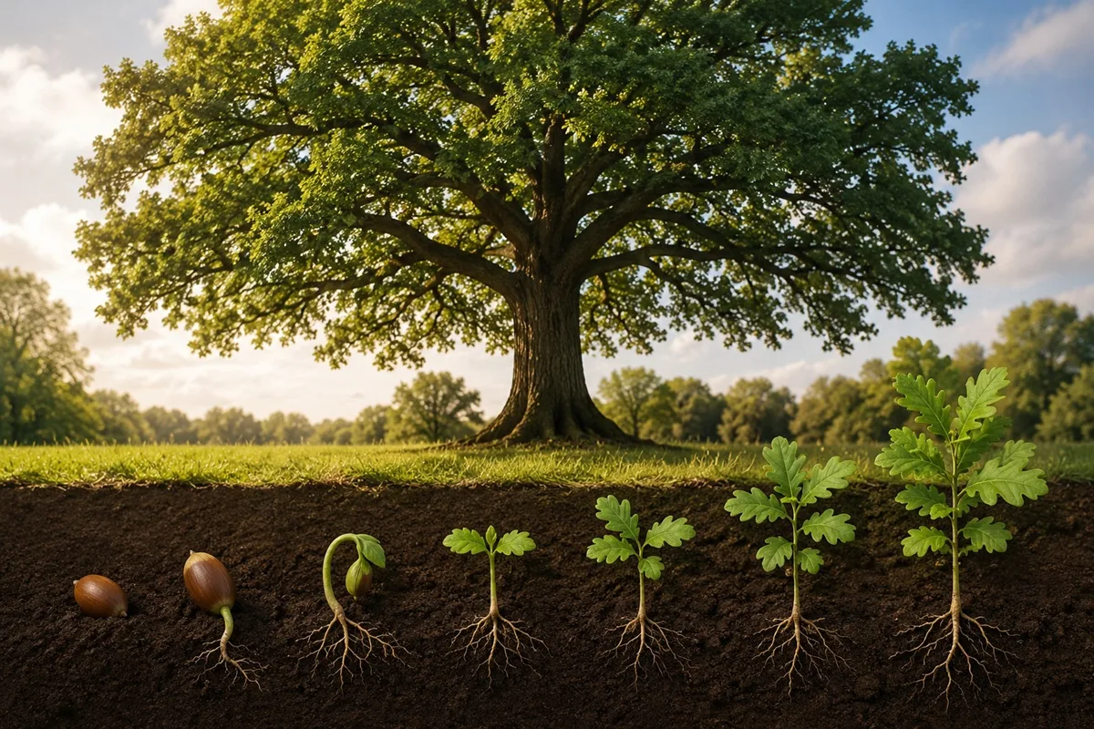 Oak tree grown from an acorn showing growth stages