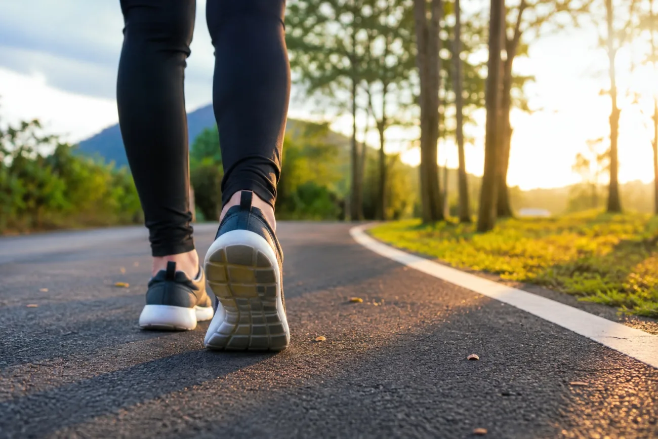 Person walking on a road at sunset counting daily steps and distance walked